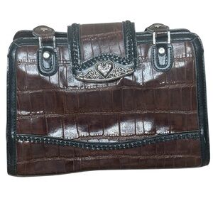 Marc Chantal Vintage Brown Crocodile Embossed Leather Handbag Silver Accents Y2K